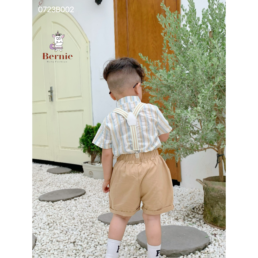 Set bộ sơ mi công tử kẻ cộc tay 4 chi tiết kèm nơ và đai nịt quần Bernie cho bé 8-23kg
