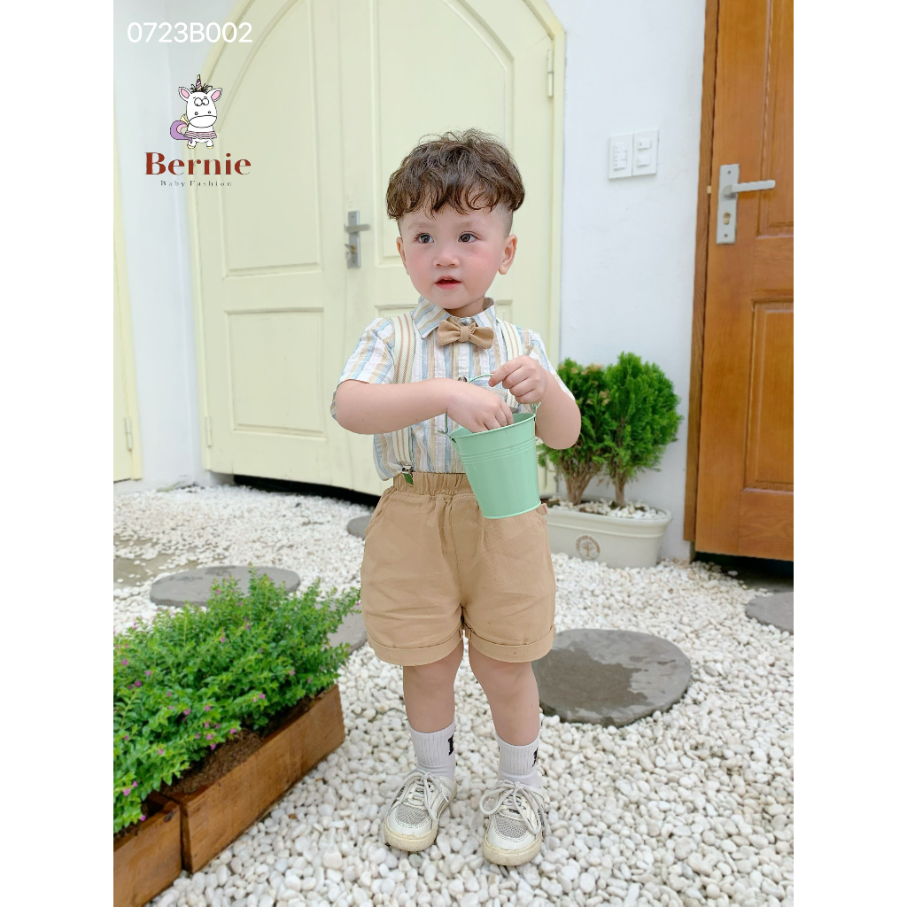 Set bộ sơ mi công tử kẻ cộc tay 4 chi tiết kèm nơ và đai nịt quần Bernie cho bé 8-23kg