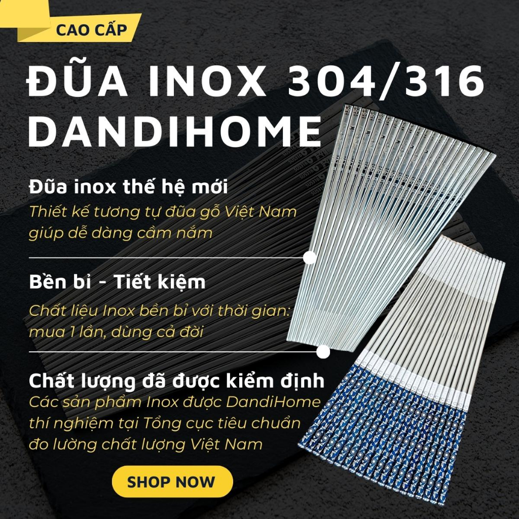 Hộp 10 đôi đũa inox 304 / 316 DandiHome chống trơn trượt cao cấp