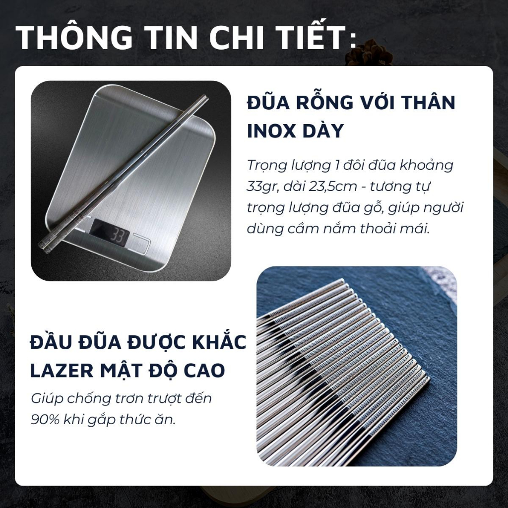 Hộp 10 đôi đũa inox 304 / 316 DandiHome chống trơn trượt cao cấp