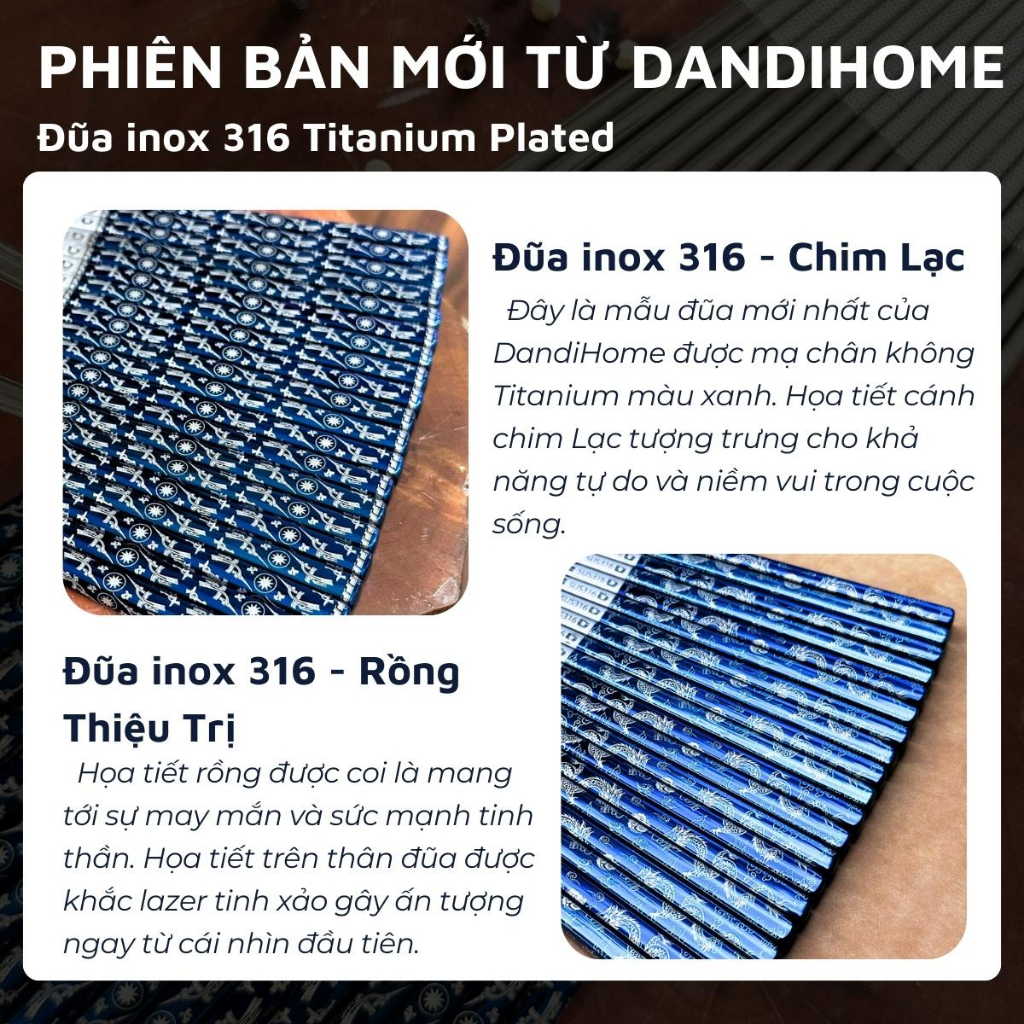 Hộp 10 đôi đũa inox 304 / 316 DandiHome chống trơn trượt cao cấp