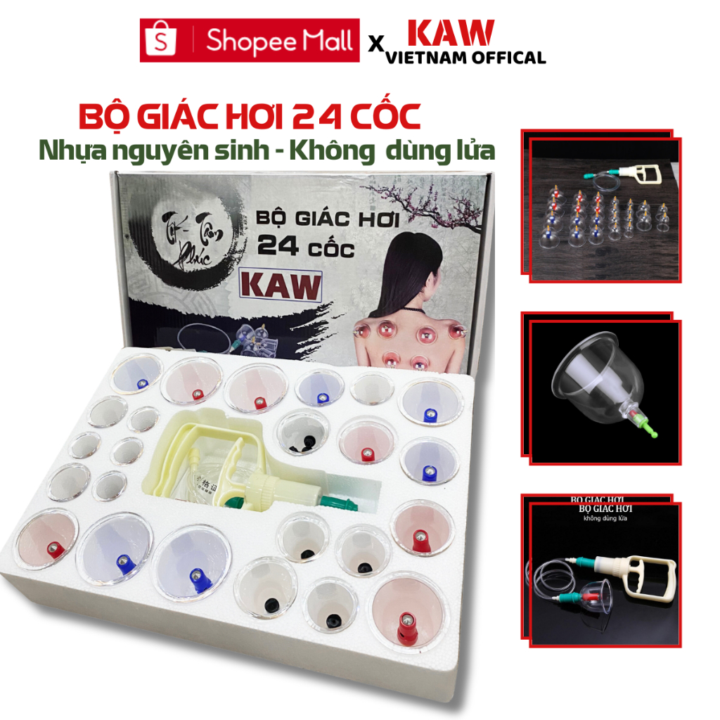 Giác hơi chân không KAW, Dụng Cụ Cạo Gió Giác Hơi Cầm Tay - Không Dùng Lửa, Nhựa Nguyên Sinh 24 Cốc