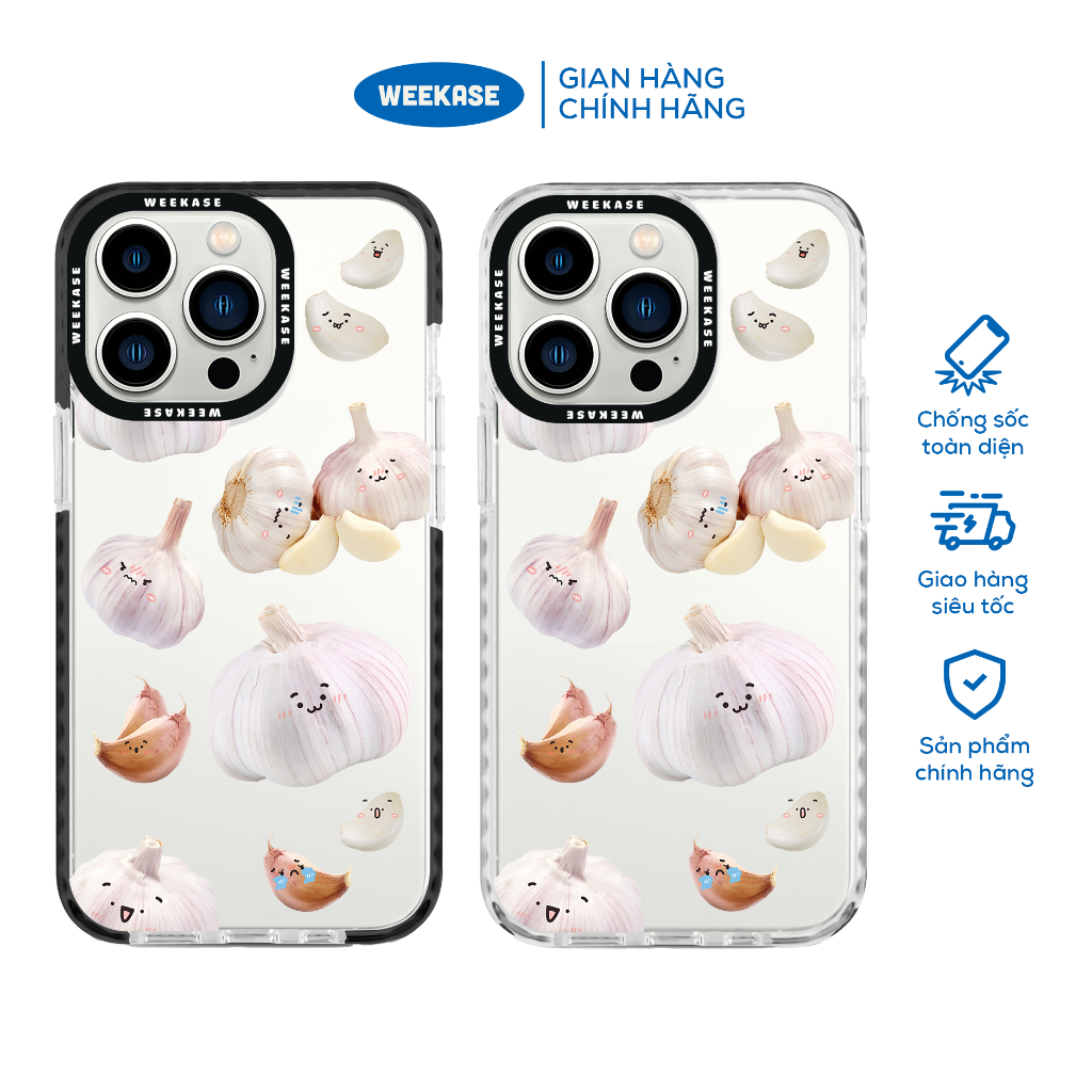 Ốp lưng iPhone viền trắng, đen chống sốc chống va đập Weekase in hình Tỏi Cảm Xúc - In Siêu Tốc, Màu in cực bền