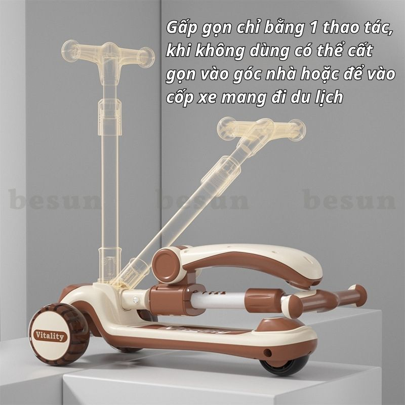 Xe trượt 2 in 1 cho bé BESUN có nhạc đèn, giỏ đồ - xe chòi chân cao cấp
