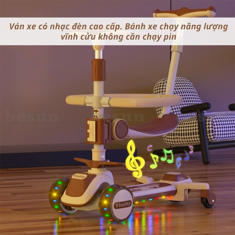 Xe trượt 2 in 1 cho bé BESUN có nhạc đèn, giỏ đồ - xe chòi chân cao cấp