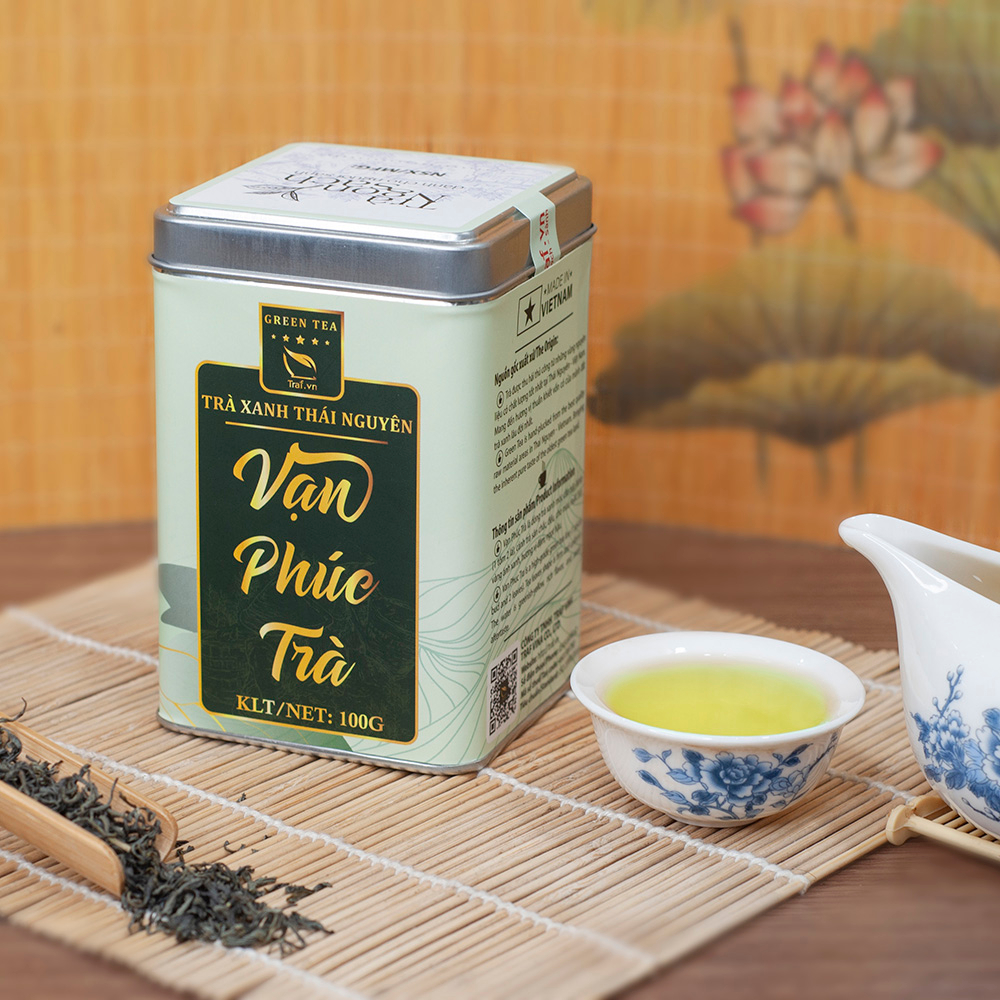 Hộp quà biếu - trà Thái Nguyên , Set 2 hộp thiếc Vạn Lộc Song Trà , có sẵn quai xách .