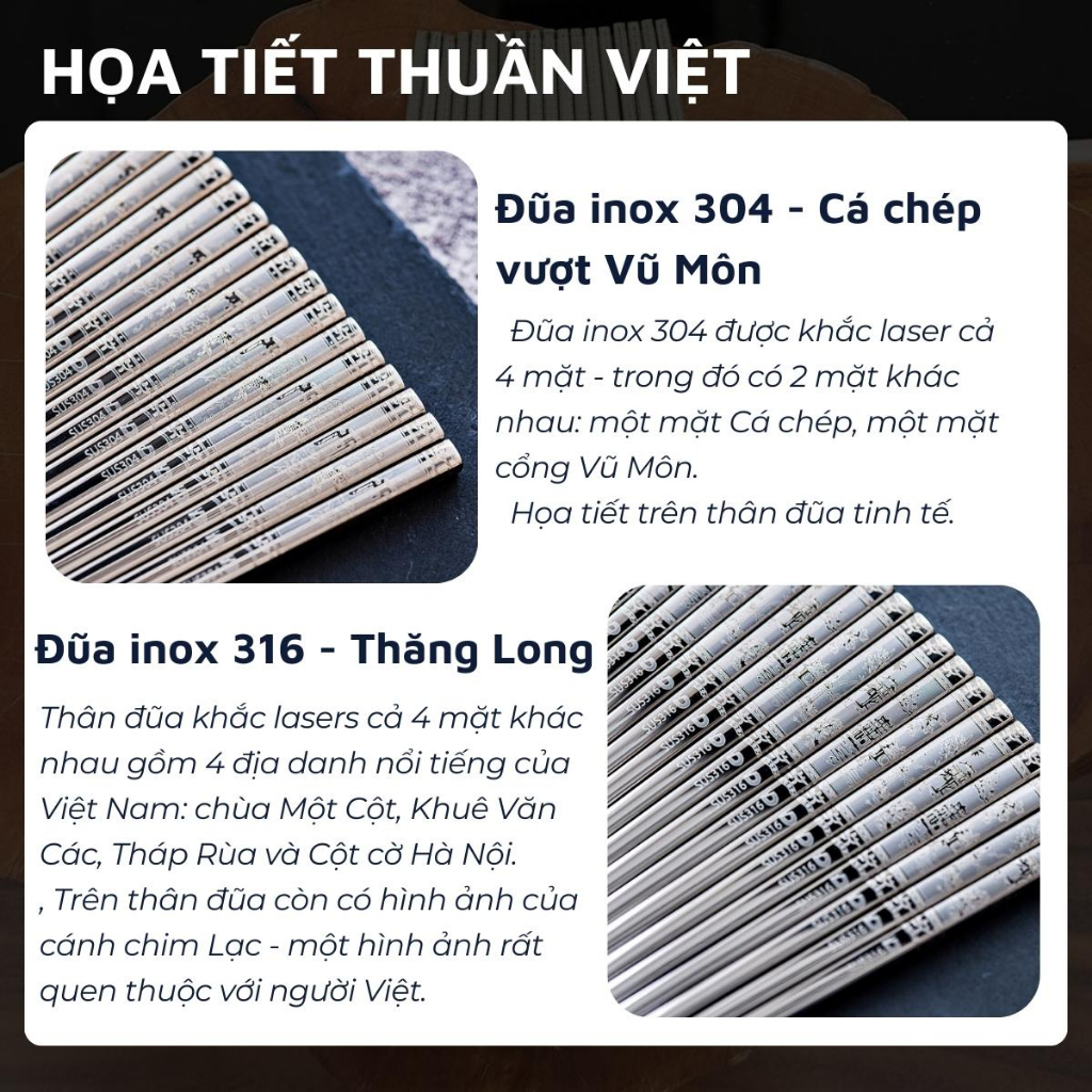 Hộp 5 đôi đũa Inox 304 / 316 cao cấp DandiHome họa tiết chống trơn trượt