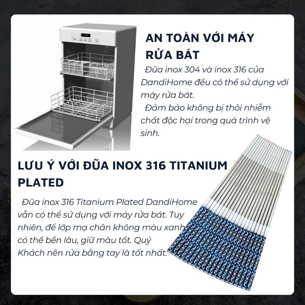 Hộp 5 đôi đũa Inox 304 / 316 cao cấp DandiHome họa tiết chống trơn trượt