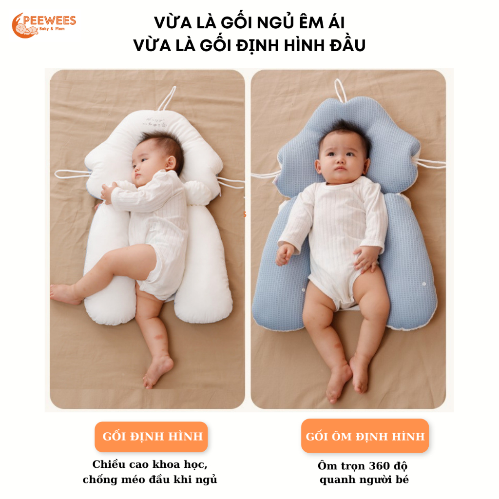 Gối chữ U cho bé sơ sinh PeeWees, chống giật mình chống méo đầu, có dây rút điều chỉnh 3 đầu giúp bé sơ sinh ngủ ngon