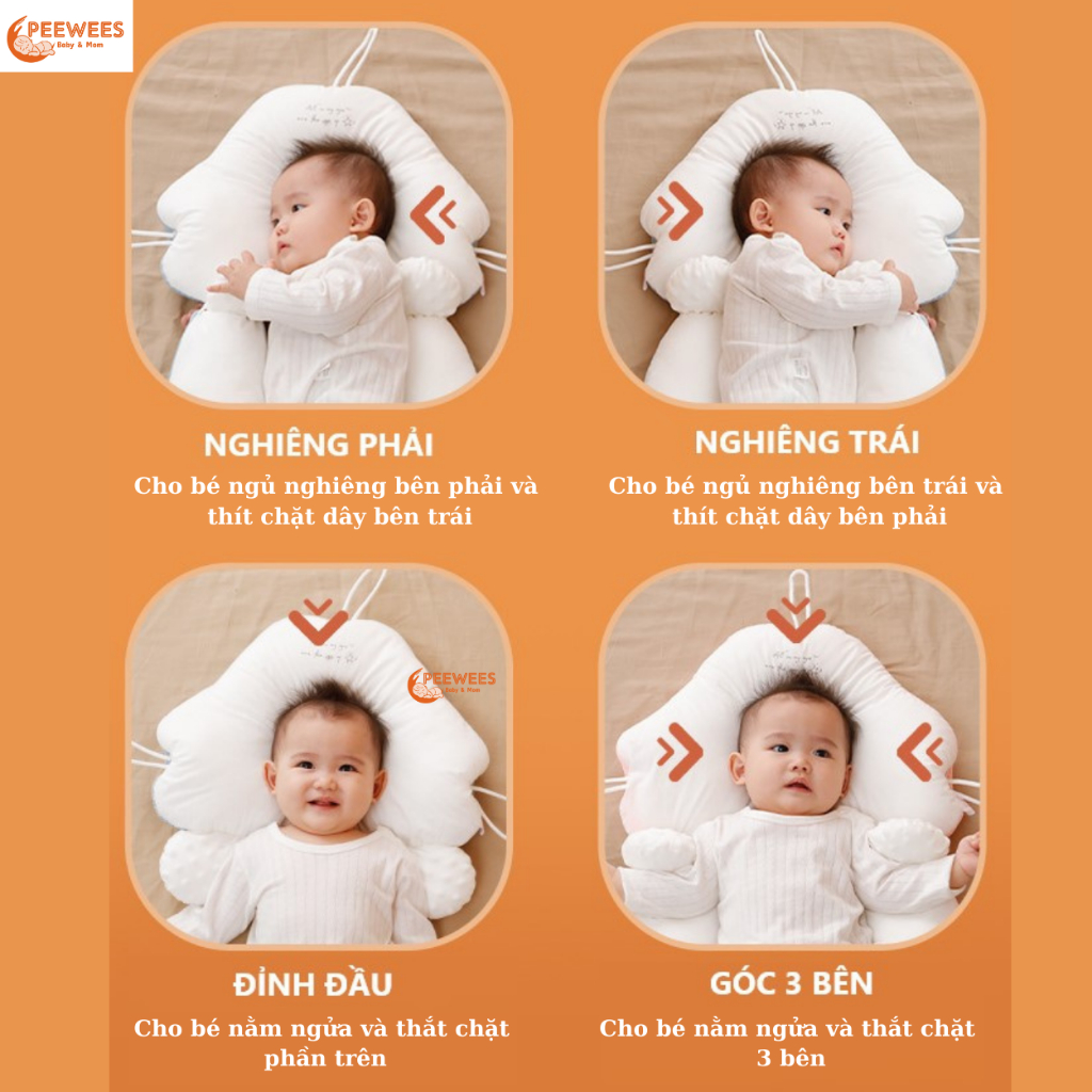 Gối chữ U cho bé sơ sinh PeeWees, chống giật mình chống méo đầu, có dây rút điều chỉnh 3 đầu giúp bé sơ sinh ngủ ngon