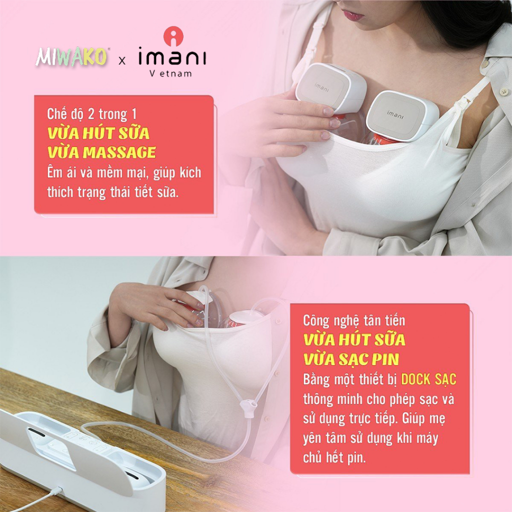 Máy hút sữa imani I2 Plus không dây cao cấp, máy hút sữa rảnh tay chất liệu silicon không chứa BPA - Miwako Việt Nam