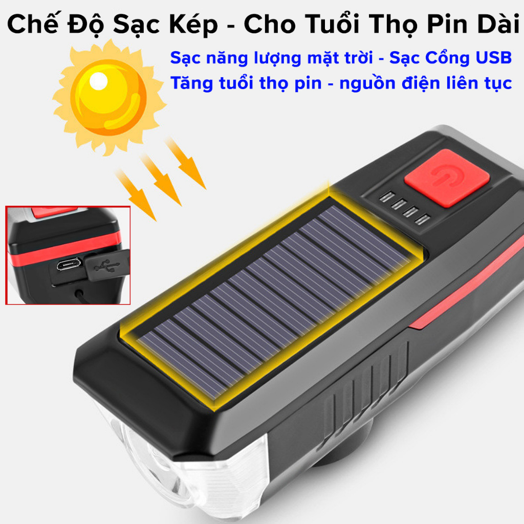 Đèn Xe Đạp Sạc Pin Năng Lượng Mặt Trời, Cổng USB – Đèn Còi Xe Đạp Chuông 5 Âm Thanh 3 Chế Độ Sáng Chính Hãng Amalife