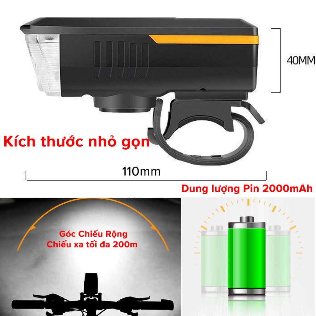 Đèn Xe Đạp Sạc Pin Năng Lượng Mặt Trời, Cổng USB – Đèn Còi Xe Đạp Chuông 5 Âm Thanh 3 Chế Độ Sáng Chính Hãng Amalife