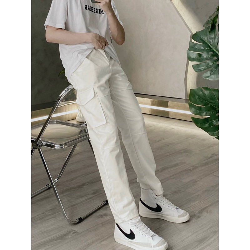 Quần jogger kaki túi hộp màu trắng lưng nịt