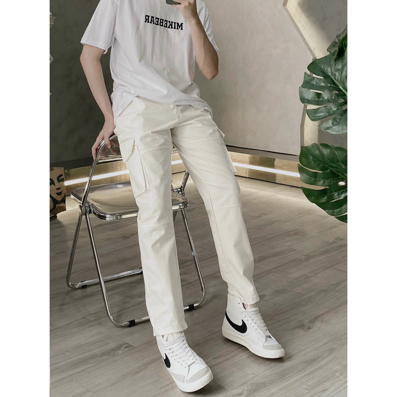 Quần jogger kaki túi hộp màu trắng lưng nịt