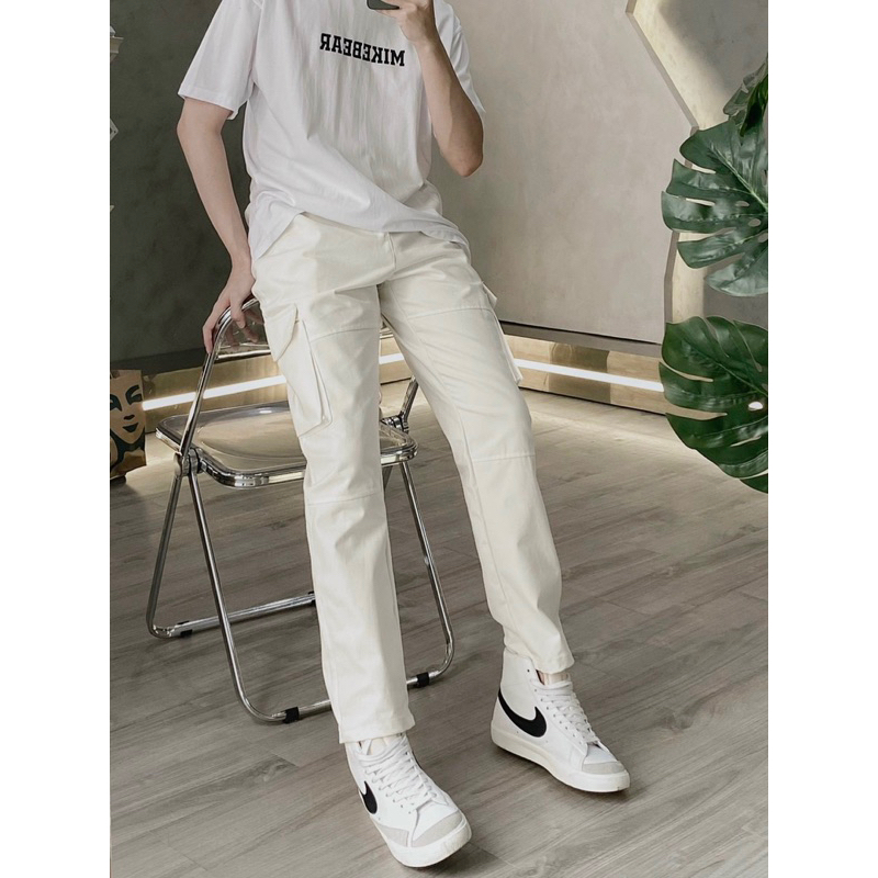Quần jogger kaki túi hộp màu trắng lưng nịt