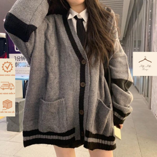 Áo Khoác Len, Áo Cardigan Dáng Dài Tay Dài From Rộng Bigsz Túi Hàn Quốc Họa Tiết Kẻ Viền Đen Phù Hợp Với Mọi Lứa Tuổi