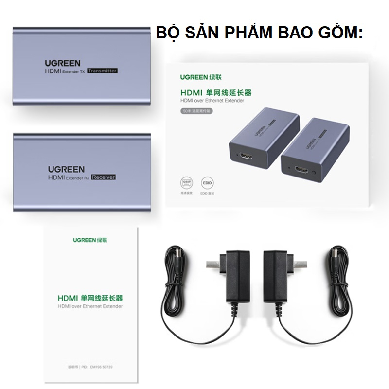 Thiết bị kéo dài tín hiệu HDMI 50m qua cáp Lan cat 5 Cat6 Ugreen 90811EU- Hàng chính hãng