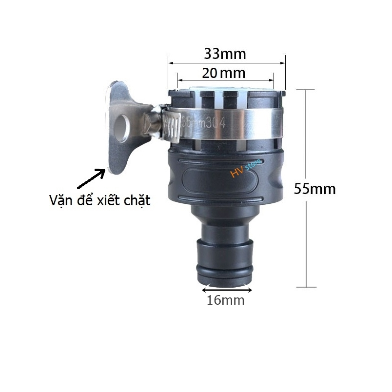 HV6203 - Đầu nối từ vòi nước, đầu chuyển ống 21 sang dây 16 tưới cây rửa xe loại có đai xiết