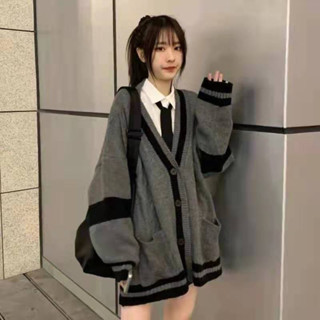Áo Khoác Cardigan Hàng Sẵn Dáng Dài Bigsz From Rộng Cổ V Phối Kẻ Viền Đen Có 2 Túi Phong Cách Hàn Quốc Hàng Qccc Nvn.Sto