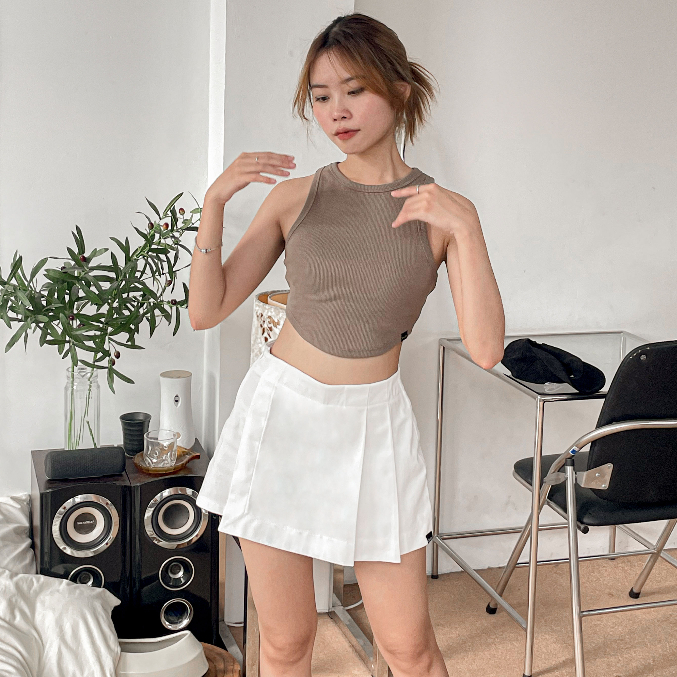 (Hình thật) Quần váy kaki dáng chữ A, váy ôm dáng xoè tenic màu trắng co giãn, váy có lót quần bên trong nhà Qivity
