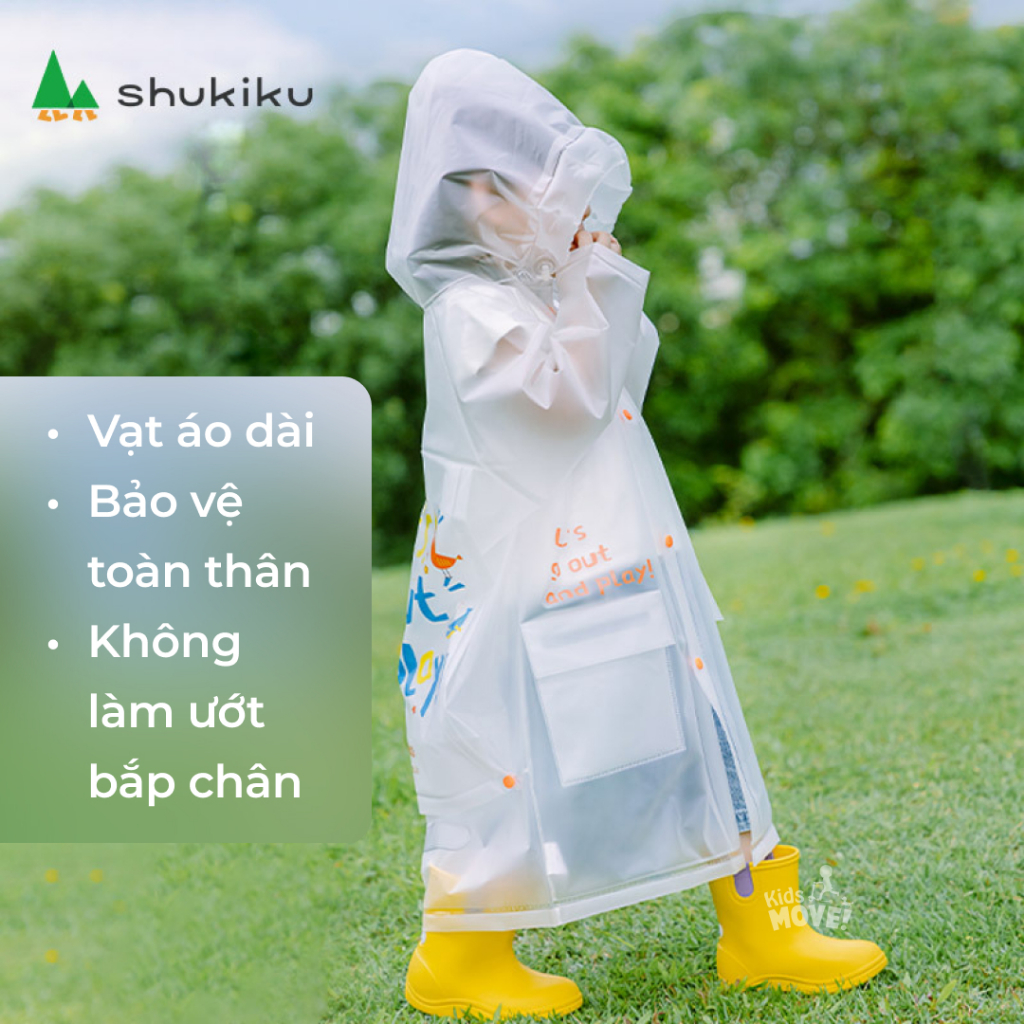 Áo mưa trẻ em Nhật bản Shukiku, dáng dài, trong suốt, 100% chống thấm nước, có ngăn balo