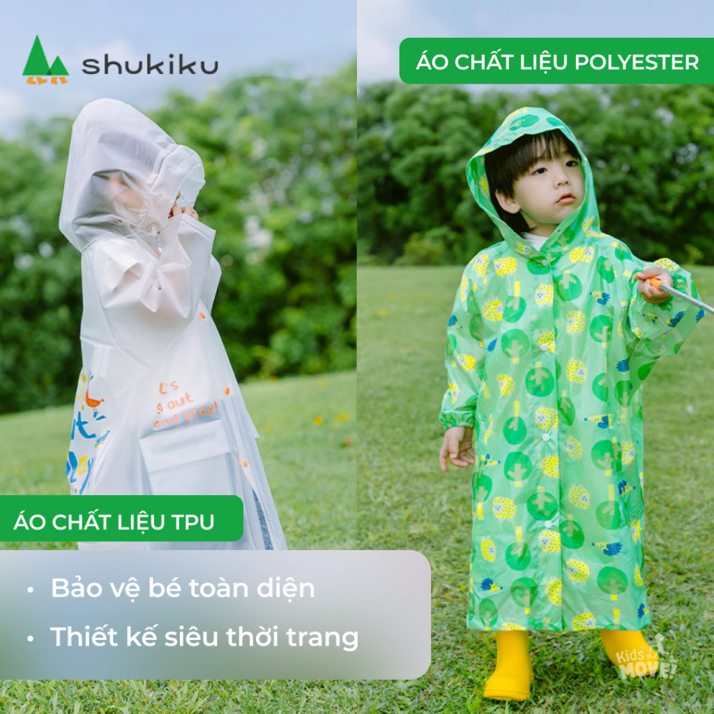 Áo mưa trẻ em Nhật bản Shukiku, dáng dài, trong suốt, 100% chống thấm nước, có ngăn balo