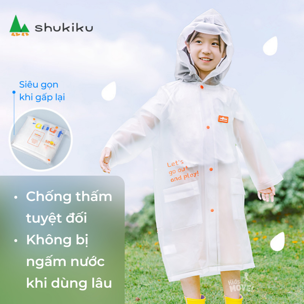 Áo mưa trẻ em Nhật bản Shukiku, dáng dài, trong suốt, 100% chống thấm nước, có ngăn balo