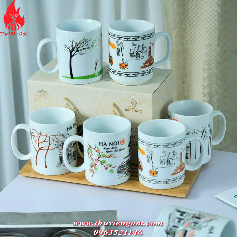 Cốc Uống Nước Ly Sứ Uống Nước Có Quai Cầm Hoạ Tiết Phong Cảnh Hà Nội 350ml Cốc Sứ Hà Nội Bát Tràng