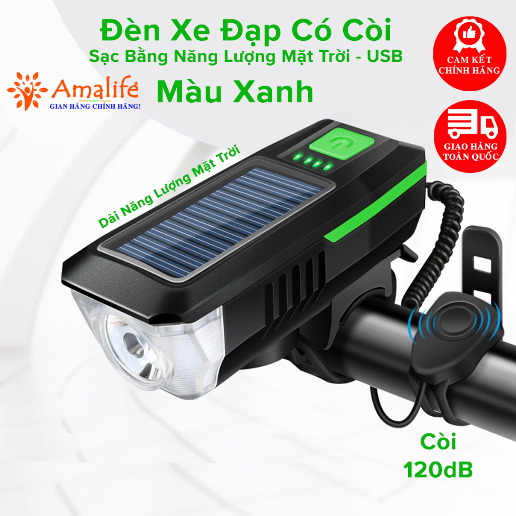 [Màu Xanh] Đèn Xe Đạp Sạc Năng Lượng Mặt Trời Cổng USB Đèn Còi Xe Đạp Chuông 5 Âm Thanh 3 Chế Độ Sáng Chính Hãng Amalife