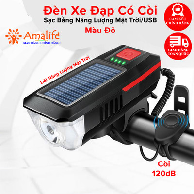 [Màu Đỏ] Đèn Xe Đạp Sạc Năng Lượng Mặt Trời Cổng USB Đèn Còi Xe Đạp Chuông 5 Âm Thanh 3 Chế Độ Sáng Chính Hãng Amalife