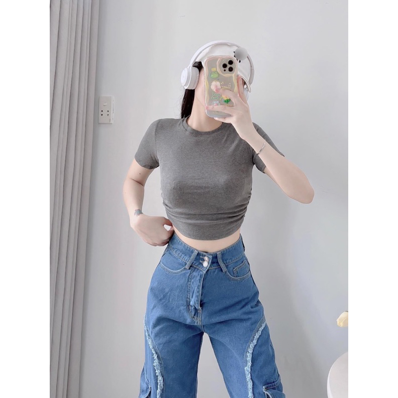 Áo thun croptop nhún eo có tay, ôm body