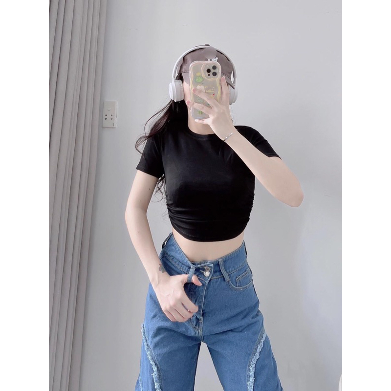 Áo thun croptop nhún eo có tay, ôm body