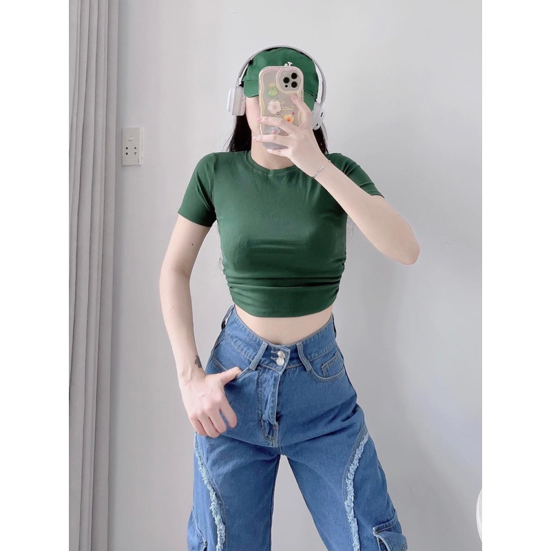 Áo thun croptop nhún eo có tay, ôm body