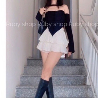 Set áo croptop trễ vai ulzzang choker cổ + chân váy trắng xoè tầng