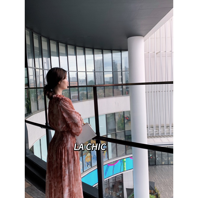 Váy hoa nữ dáng dài công sở, đầm maxi dài tay chất voan tơ 2 lớp LA CHIC