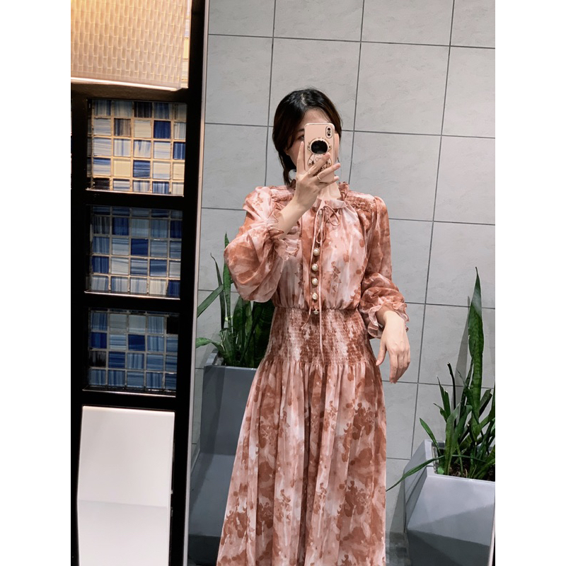 Váy hoa nữ dáng dài công sở, đầm maxi dài tay chất voan tơ 2 lớp LA CHIC