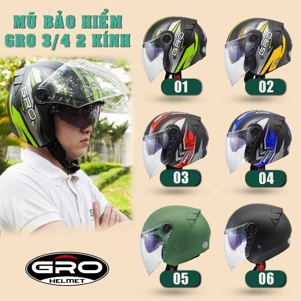 Mũ Bảo Hiểm 3/4 đầu GRO Helmet, thiết kế 2 kính tiện lợi, khóa kim loại chắc chắn - Nhiều màu