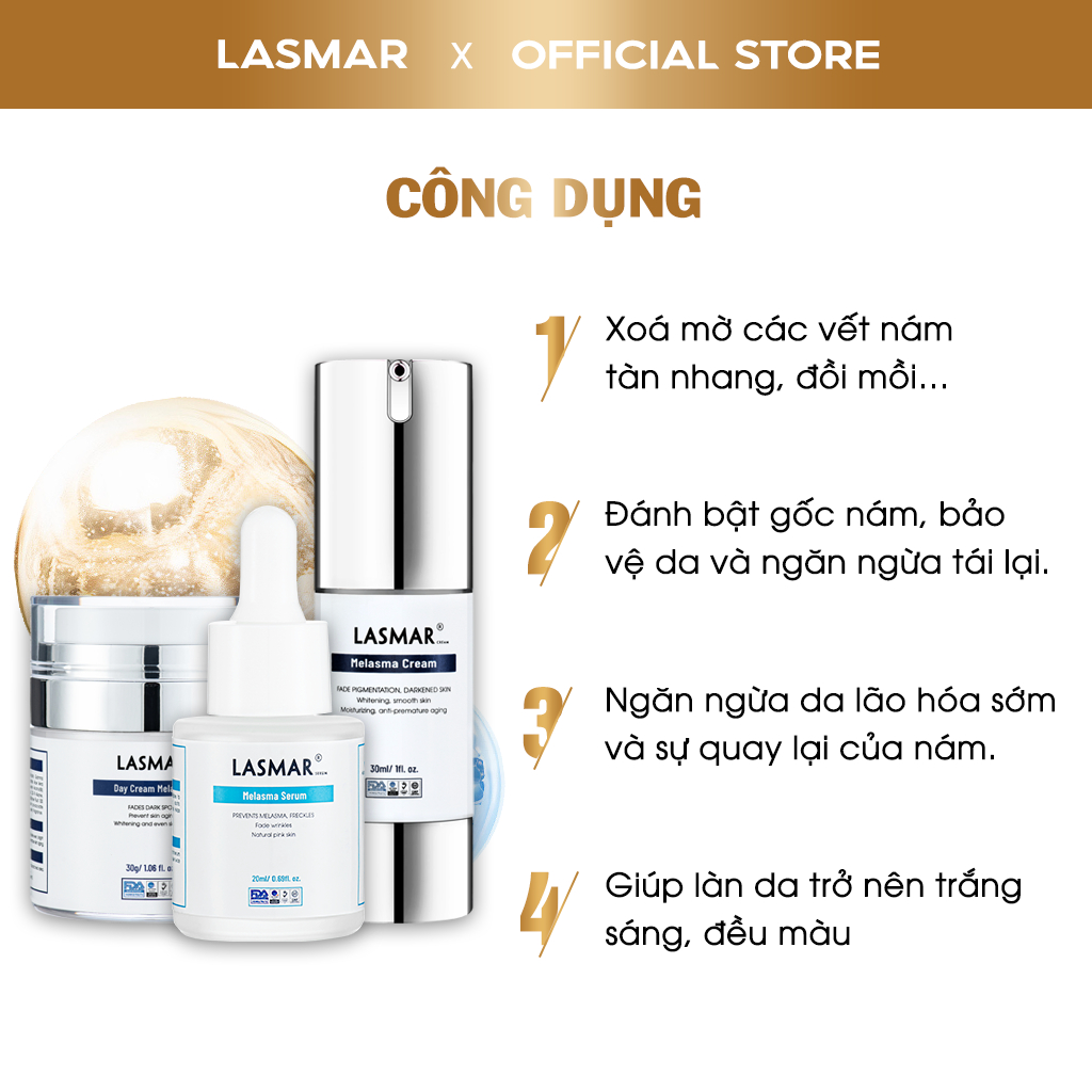 Combo 3 Kem Nám Ban Ngày, Đêm Lasmar và Serum Lasmar Hỗ Trợ Mờ Nám Da, Sáng Da, Mờ Tàn Nhang Lâu Năm 30g