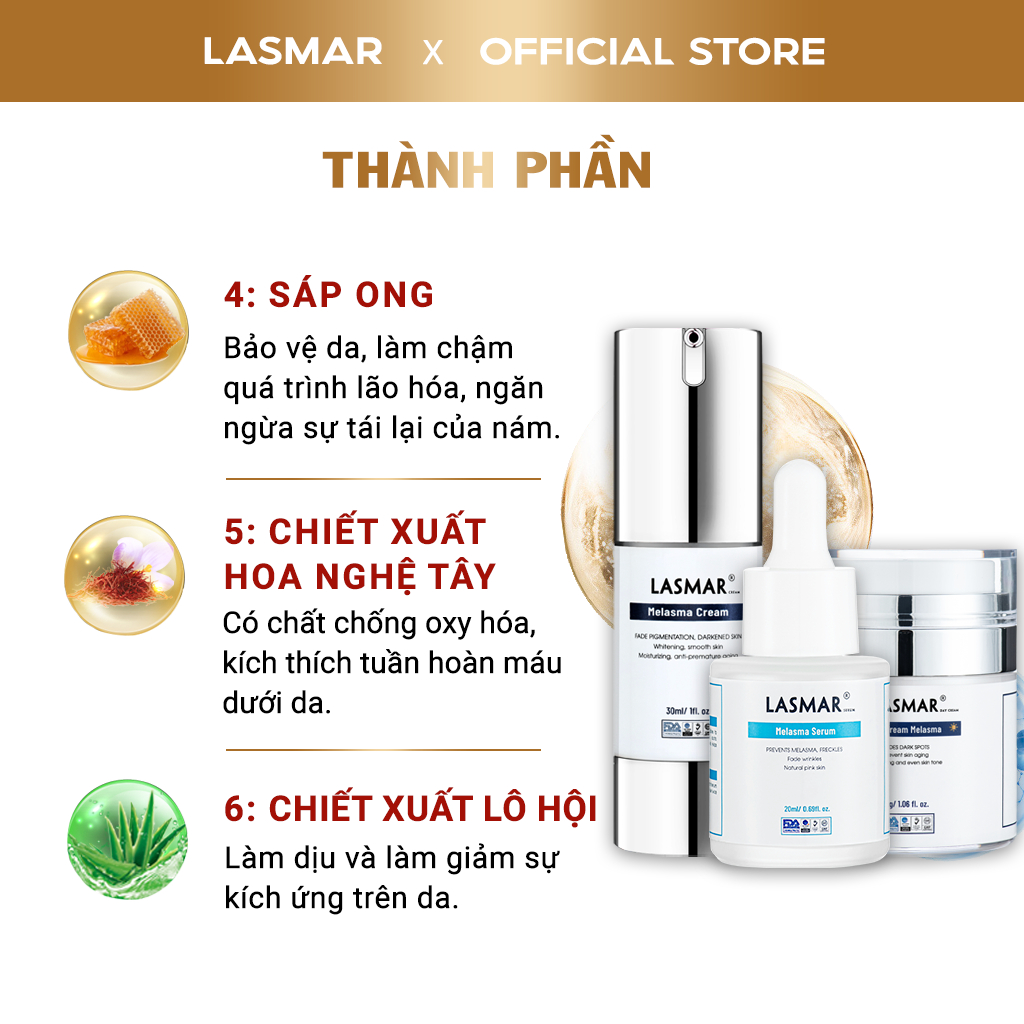 Combo 3 Kem Nám Ban Ngày, Đêm Lasmar và Serum Lasmar Hỗ Trợ Mờ Nám Da, Sáng Da, Mờ Tàn Nhang Lâu Năm 30g