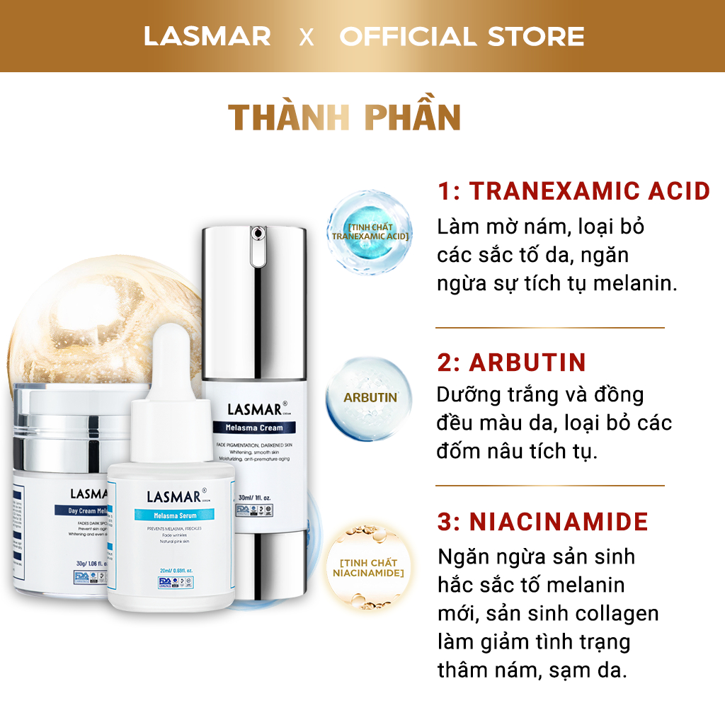 Combo 3 Kem Nám Ban Ngày, Đêm Lasmar và Serum Lasmar Hỗ Trợ Mờ Nám Da, Sáng Da, Mờ Tàn Nhang Lâu Năm 30g