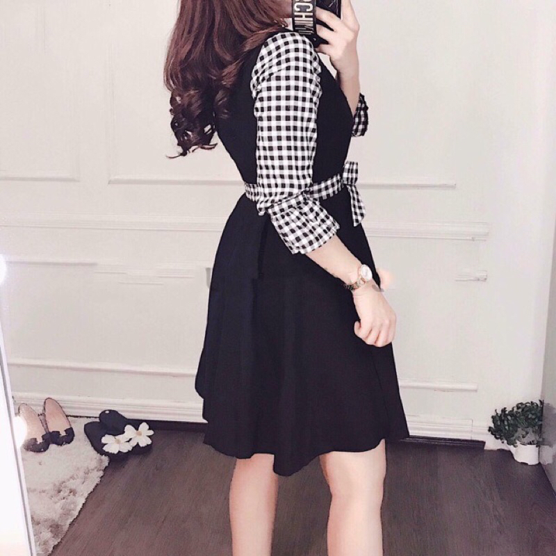 Đầm đen phối caro + dây buộc điều chỉnh eo vải dày dặn