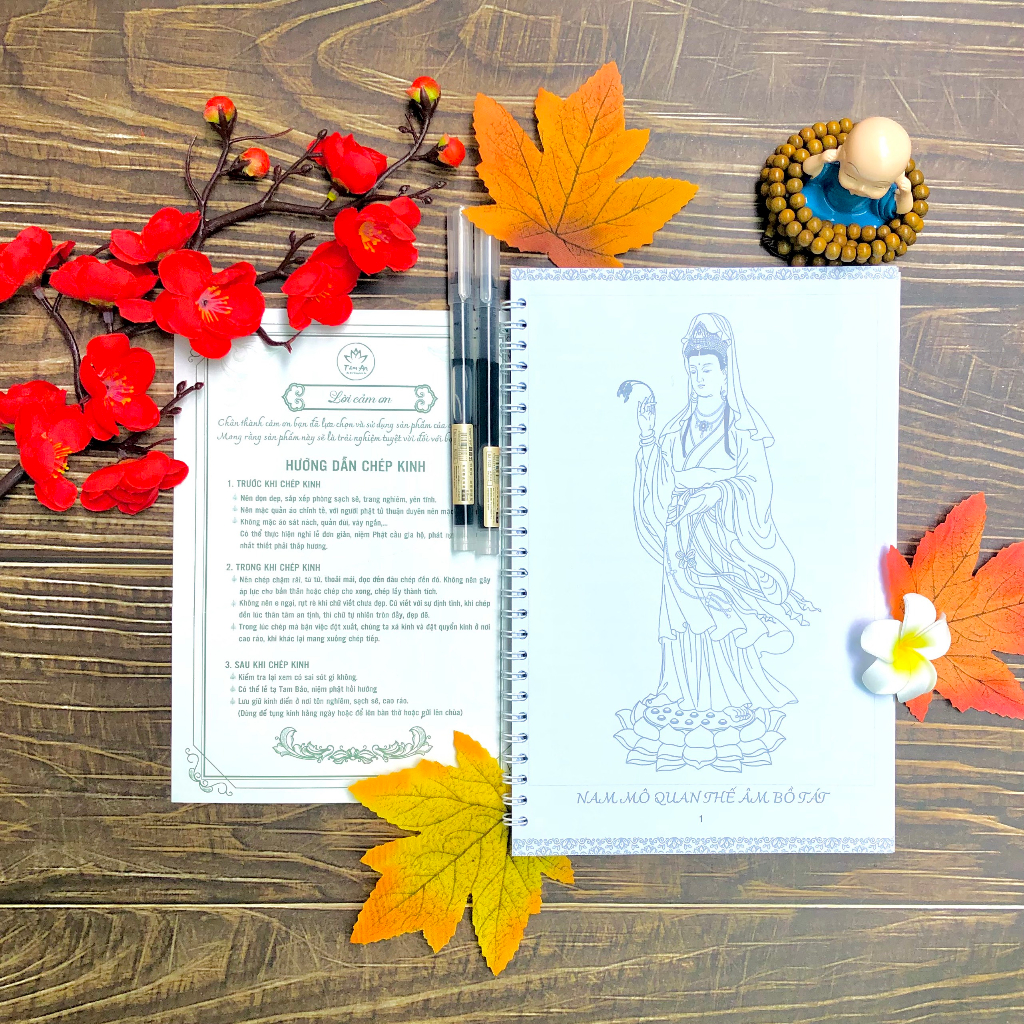 Sổ Tay Chép Chú Đại Bi - Tâm An. Tặng kèm 2 bút và vòng tràng 108 hạt cầu bình an.