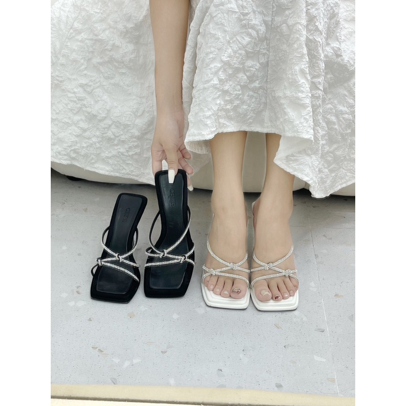 Cao gót quai dây mảnh gút đính đá gót nhọn 8 cm