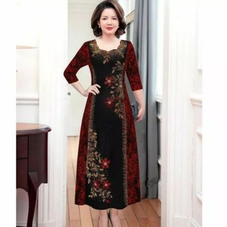 Đầm dự tiệc trung niên dạ hội sang trọng cho mẹ vải nhũ kim sa phối nhung, Đầm dạ hội trung niên dự tiệc sang trọng