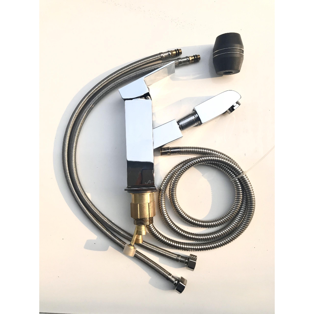 Vòi chậu rửa mặt Việt pháp YFP-212 có dây kéo dáng vuông nóng lạnh  bảo hành 2 năm lỗi 1 đổi 1 đông mạ crom niken