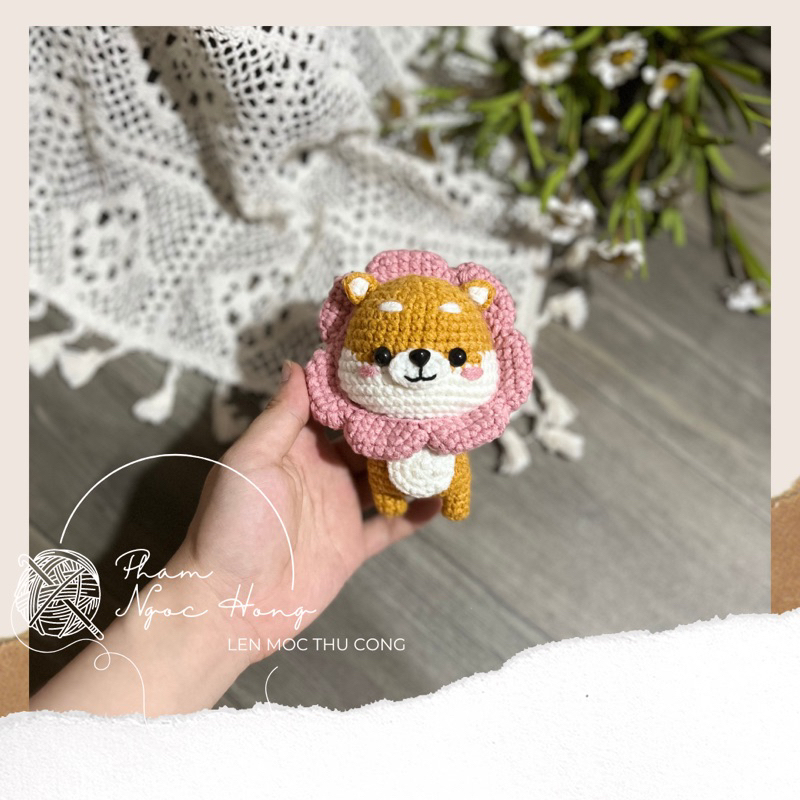 Chó shiba đội hoa nhồi bông, chó len, len móc thủ công