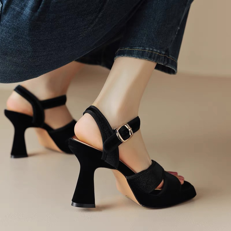 ORDER 💗 Giày quai chéo da trơn , nhung nhã nhặn gót vuông 9cm 34-39