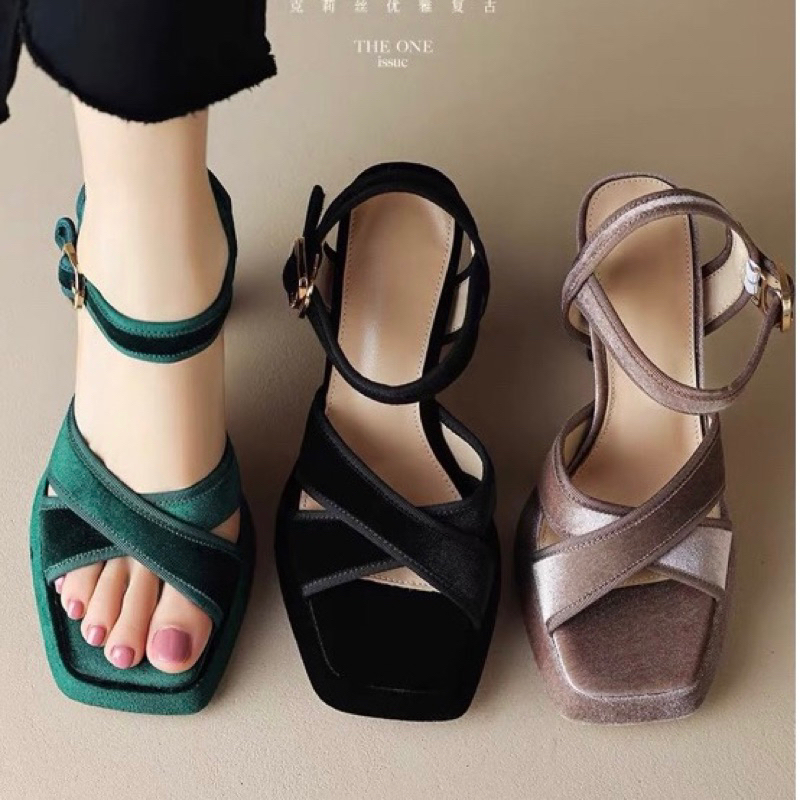 ORDER 💗 Giày quai chéo da trơn , nhung nhã nhặn gót vuông 9cm 34-39