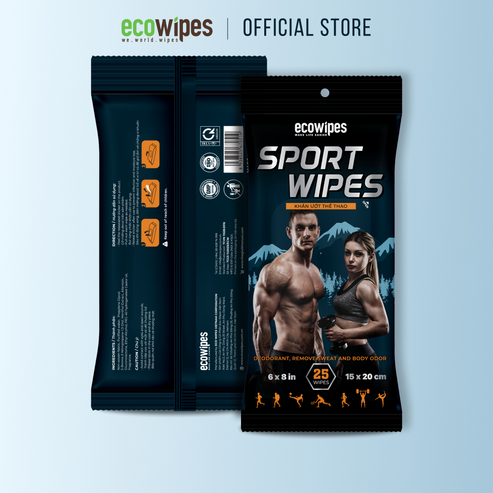 Khăn ướt thể thao cao cấp EcoWipes gói 25 tờ lau mồ hôi, làm mát cơ thể và khử mùi nhanh chóng
